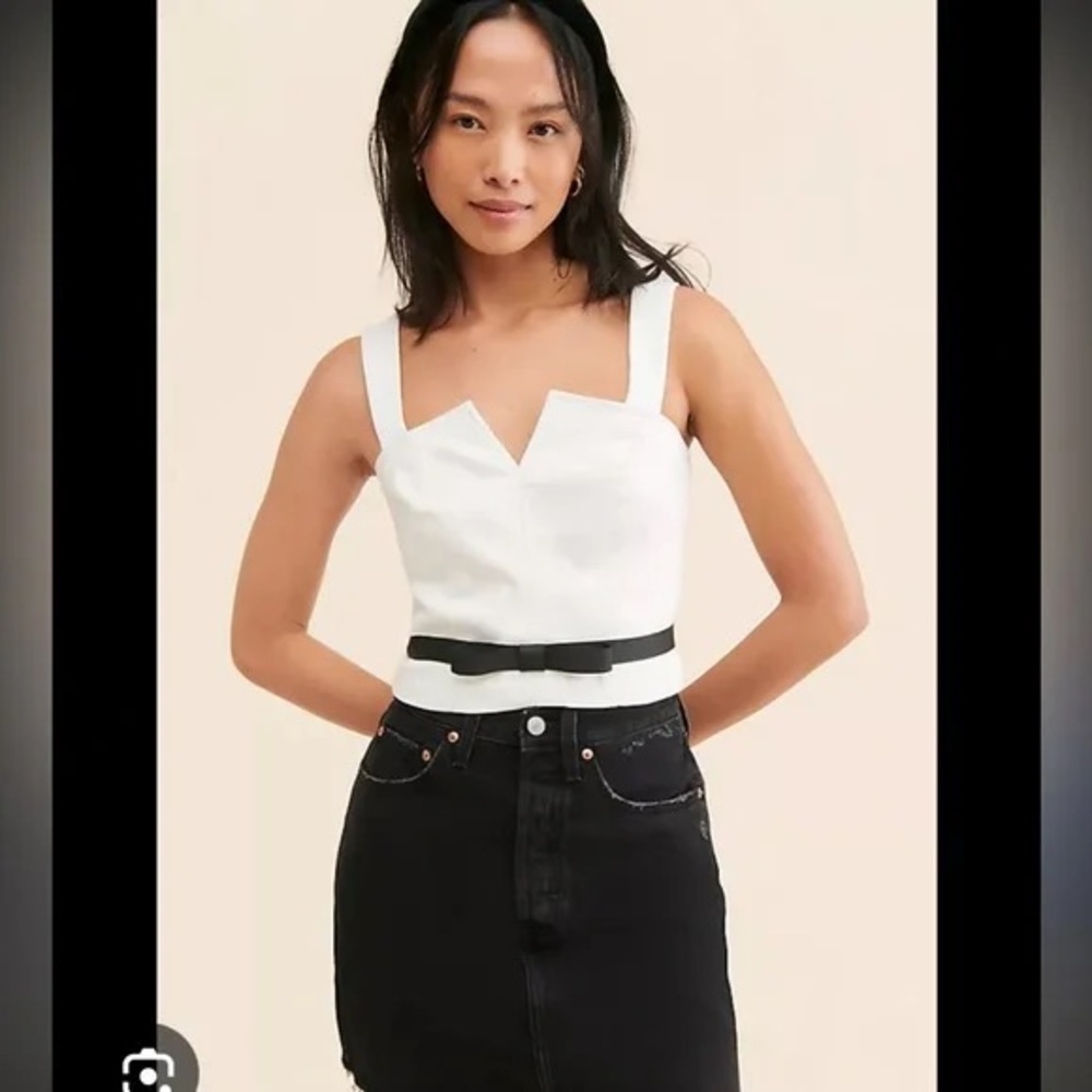 Maeve White Cropped Square-Notch Top with Black Waist Bow